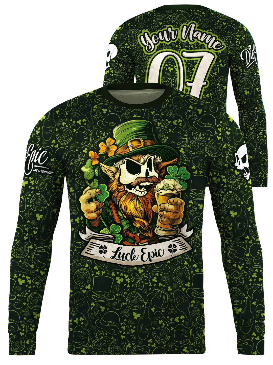 Luck Epic Saint Patrick&#39;s Skull Custom Long Sleeve Jersey