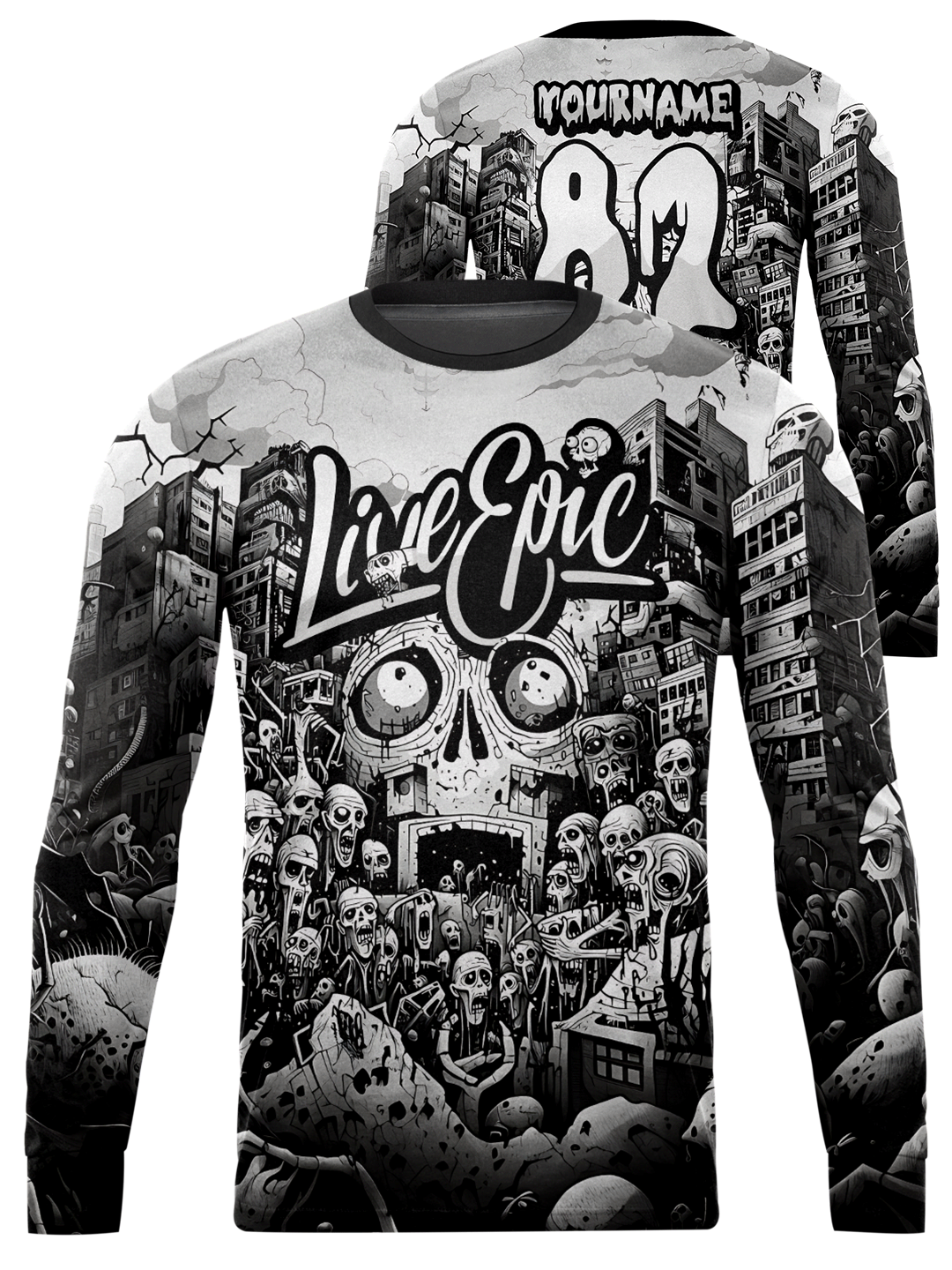 Live Epic Zombie Apocalypse Custom Long Sleeve Jersey - Die Epic Live Legendary Epic Clothing Live Epic Zombie Apocalypse Custom Long Sleeve Jersey - Die Epic Live Legendary Epic Clothing